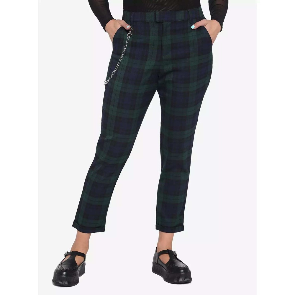 Hot Topic Women's Blue & Green Plaid With Detachable Chain Skinny Pants Size XL